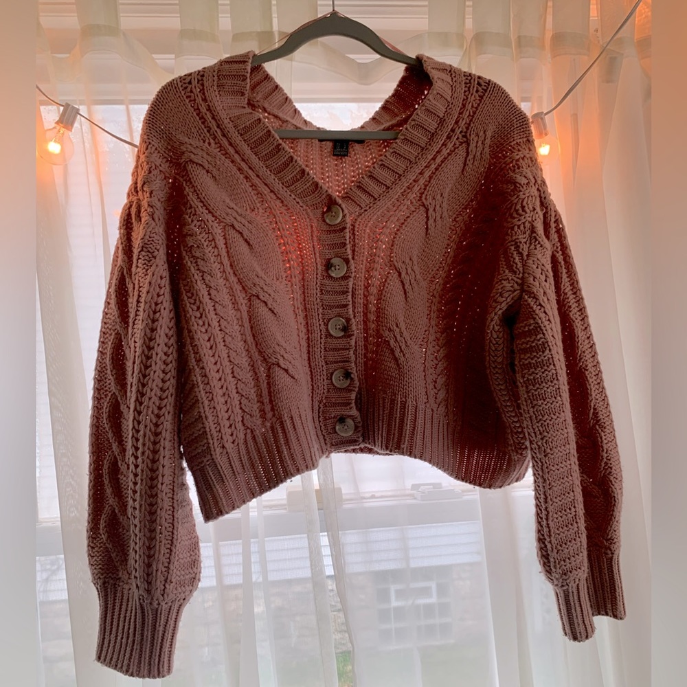 Streetwear Society Pink Cropped Cardigan with Cable Knit Details and Buttons